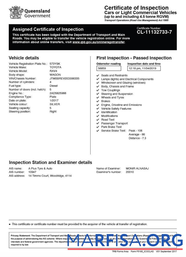 Realistic Australia Queensland certificate of vehicle inspection sample